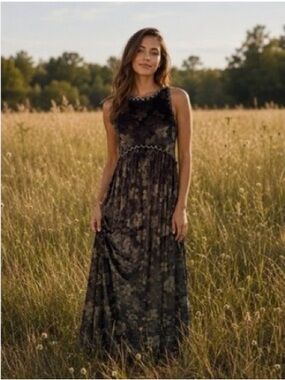 New: POL “Velvet Burnout” Floral Lace Trim Boho Maxi Dress• Large